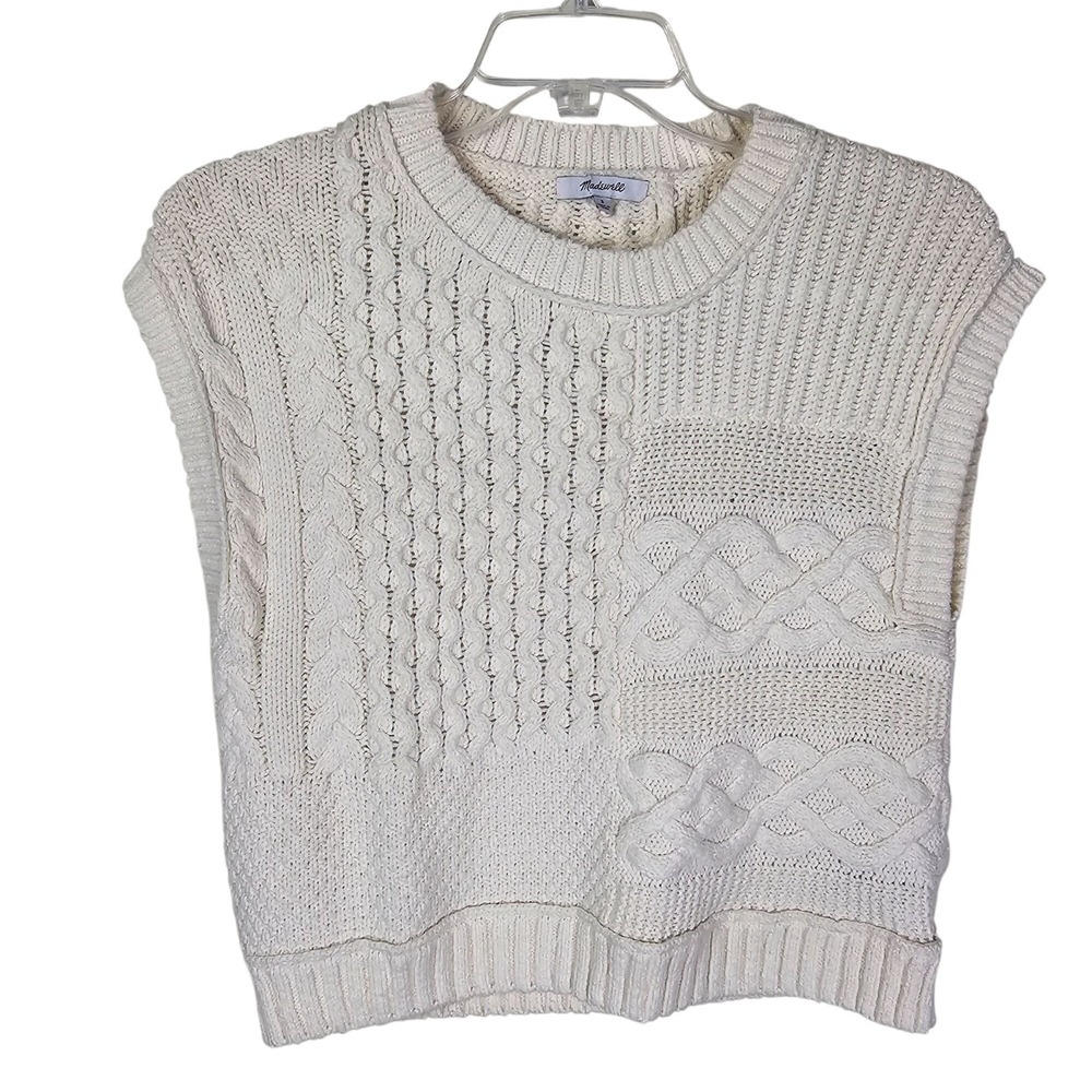 Madewell Patchwork Cable Knit Sweater Vest S Ivory Fisherman Chunky Minimalist